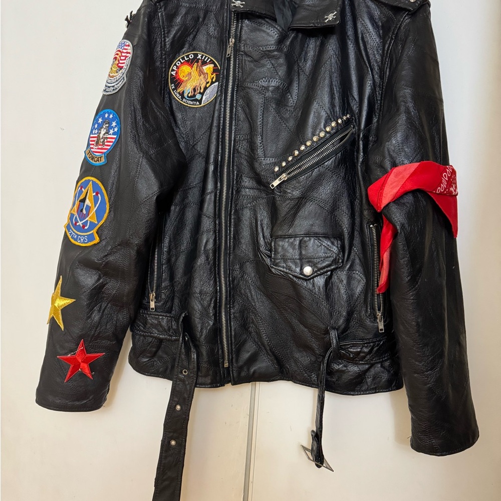 Black Leather Jacket with Patches